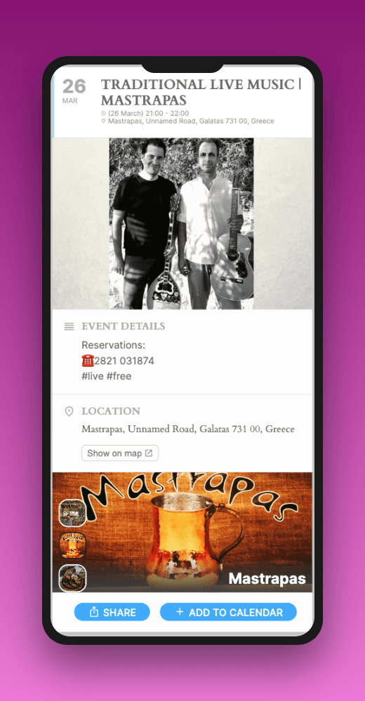 Mobile phone screen showing a Revisual hosted event page with event title, date, location, description image and add-to-calendar button