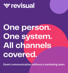Revisual branded cover image with the headline "One person. One system. All channels covered." and subtitle "Event communication without a marketing team" on a deep purple background with decorative circles in pink and light purple